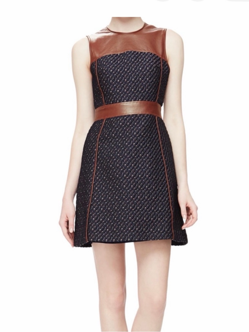 THEORY Calvino W. Heighten Mixed-Media Dress in Tweed and Leather size 4